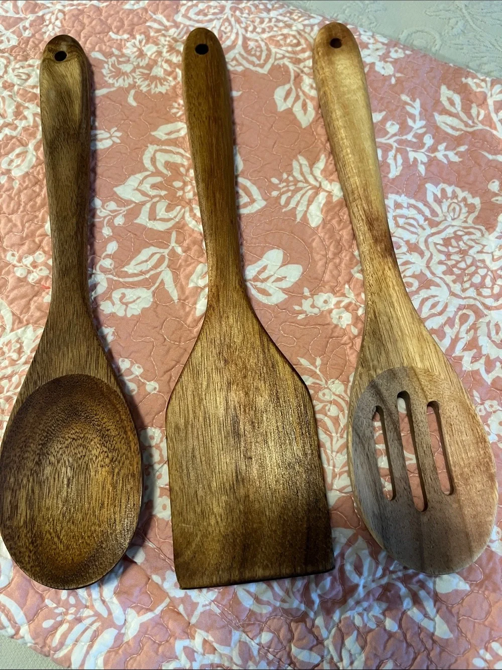 Wooden Kitchen Utensils-Set of 3-Natural Brown Spoon, Spatula, Slotted Spoon